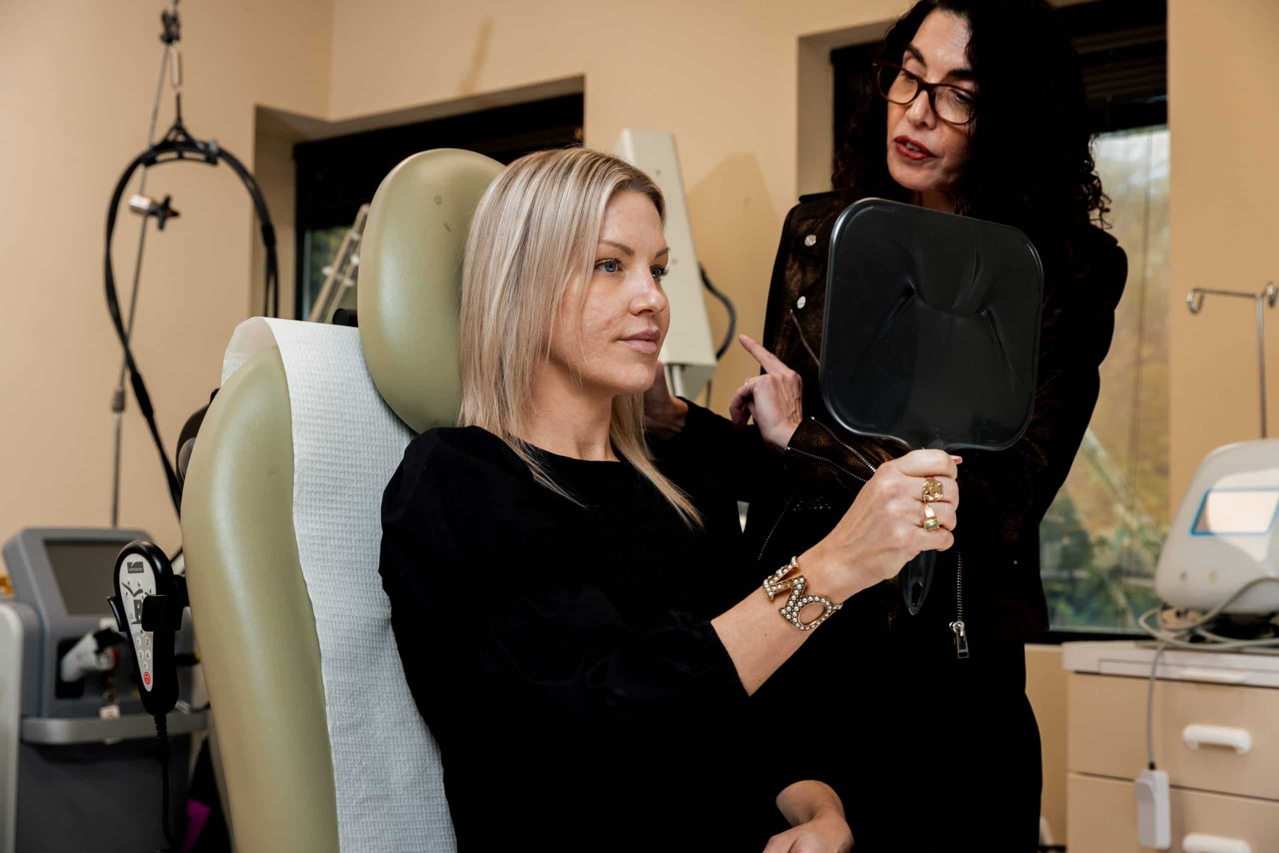 eugenie-brunner-facial-plastic-surgery-princeton-nj-non-surgical-neck-lift-consultation3 Dr. Brunner consulting with a patient interesting in a non-surgical neck lift in Princeton, NJ